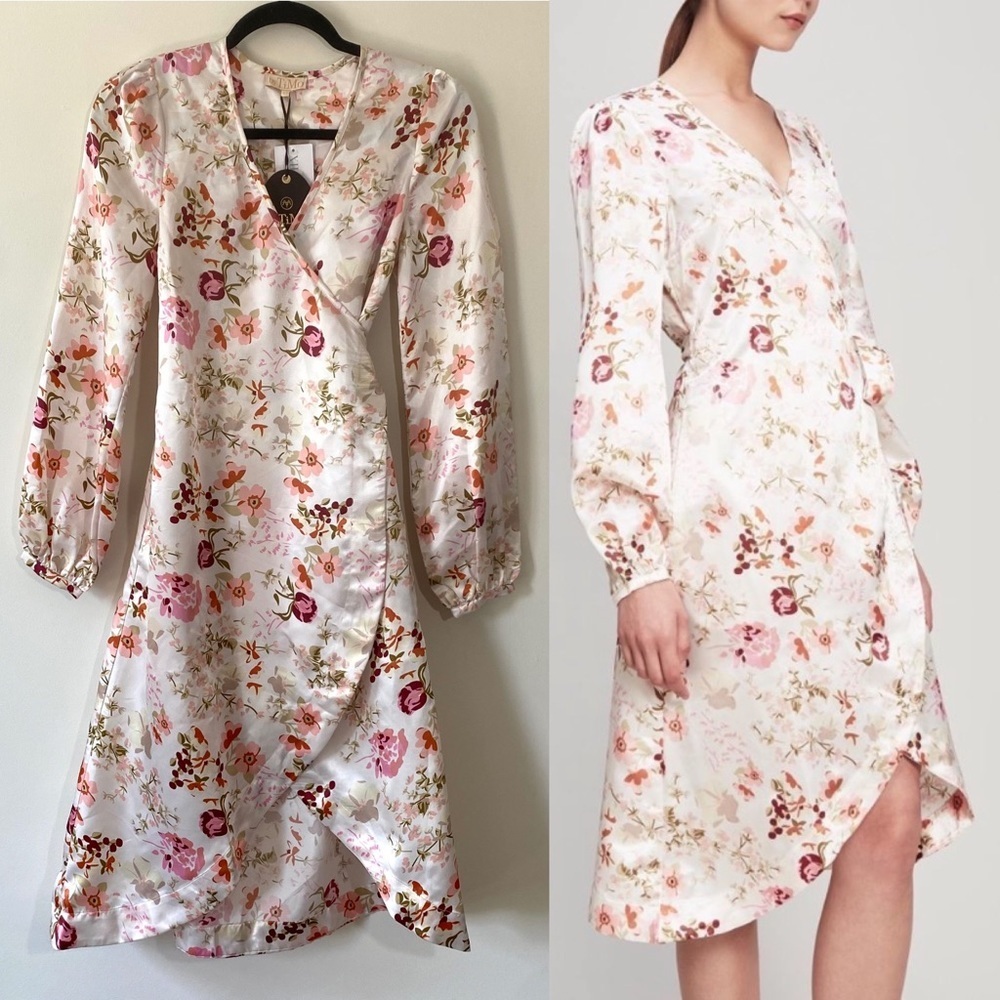 NWT ByTimo Azalea Satin Floral Wrap Dress Pink White V Neck Size XS